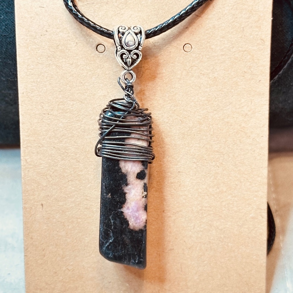 Rhodonite Black Wire Wrapped Crystal/Stone Rectangular Pendant Handmade
